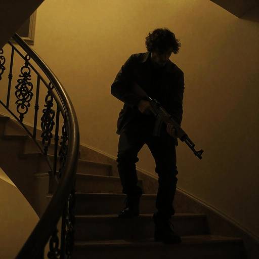 Man with Rifle on Ornate Staircase at Night