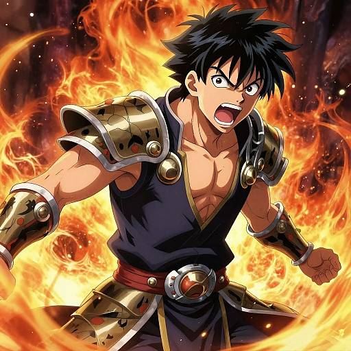 Anime-style digital artwork of a muscular, black-haired male warrior with fiery background, wearing dark blue clothing and golden armor, shouting angrily.