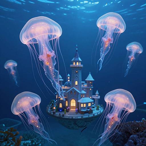Photograph of glowing jellyfish surrounding a whimsical, illuminated castle underwater, with a blue-toned ocean background and soft, ethereal lighting.