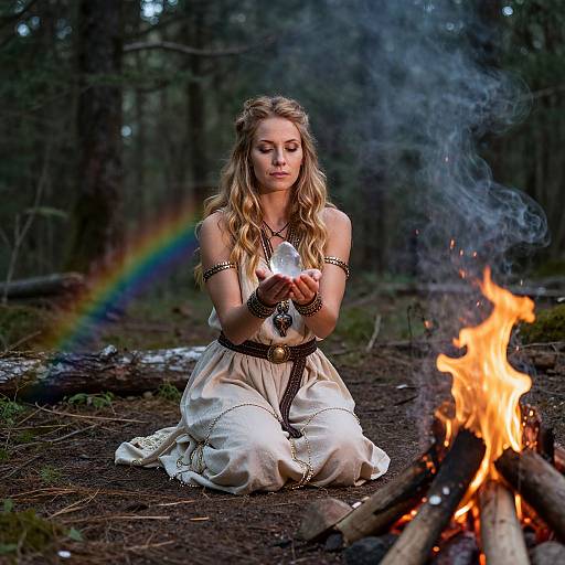 Photograph of a blonde woman in a white, bohemian dress, kneeling by a campfire in a forest, with a rainbow in the background