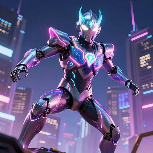CGI image of a neon-lit, futuristic robotic warrior with glowing blue horns, cyan eyes, and purple-pink armor, standing in a vibrant
