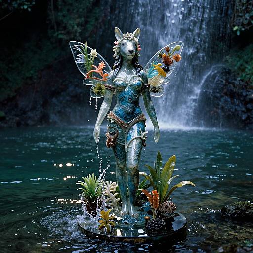 Photograph of a silver fairy statue with colorful butterfly wings and flower headpiece, standing in a pond with waterfalls, adorned with tropical plants and surrounded