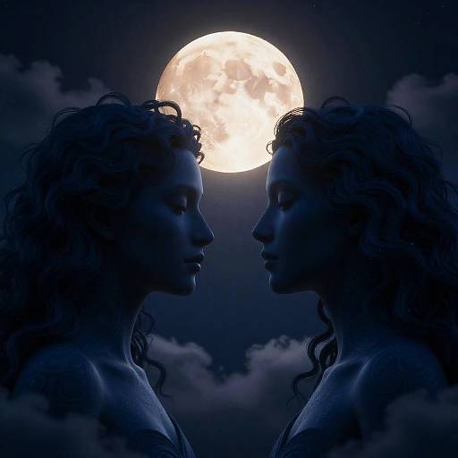 Symmetrical Faces in Blue with Full Moon