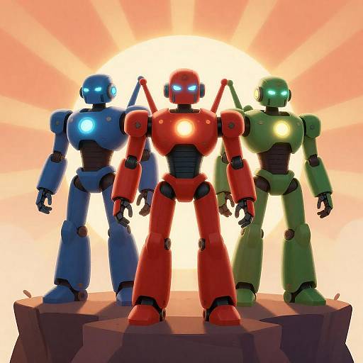 Futuristic Robots on Cliff with Sunburst