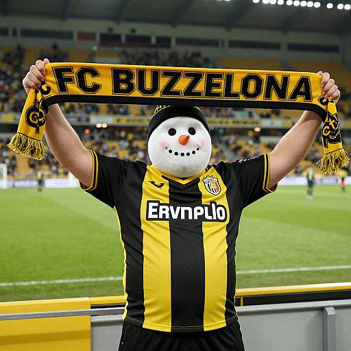Photograph of a fan in a yellow and black FC Bournemouth jersey, holding a scarf with 