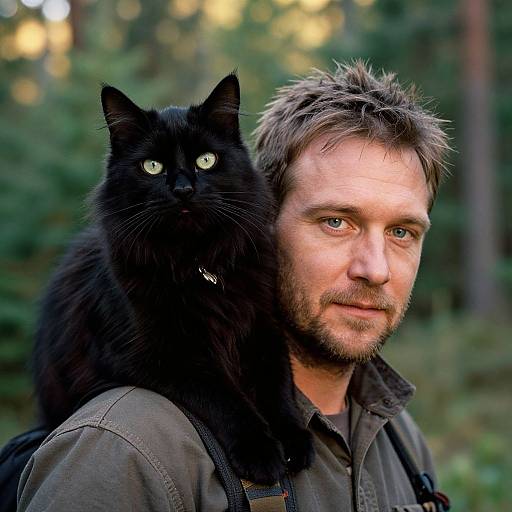Rugged Outdoorsman with Black Cat