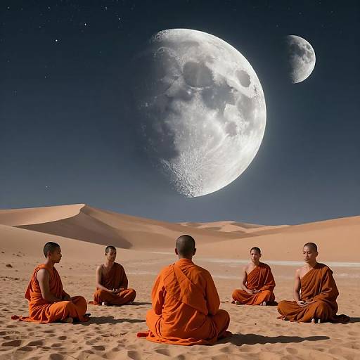 Photograph of five Buddhist monks in orange robes sitting in desert, gazing at a large, bright full moon and smaller crescent in a starry