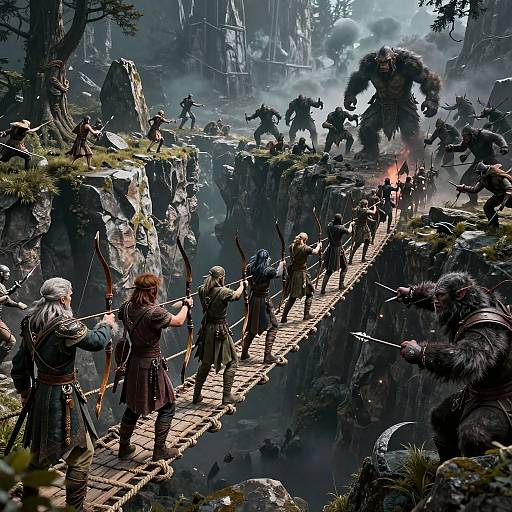 Epic fantasy battle scene: warriors with swords and bows fight giant orcs on a wooden bridge amidst rocky cliffs and dense forest. CGI artwork with intense