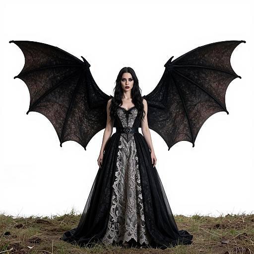 Photograph of a pale-skinned woman with black bat wings, wearing a black and silver lace gown, standing on grass against a white background.