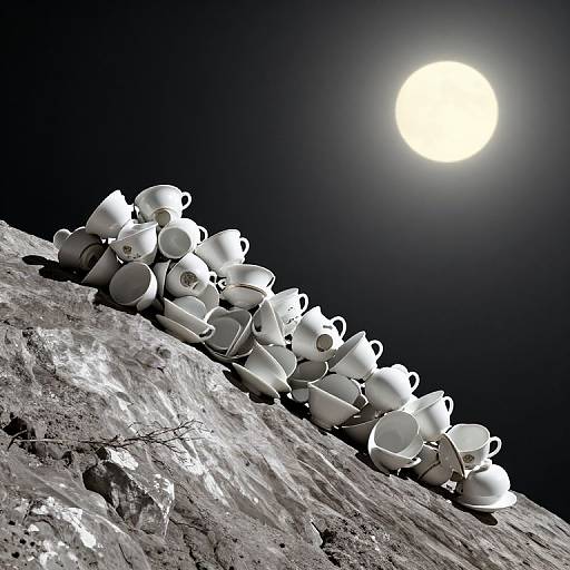 Photograph of a stack of white teacups and teapots on a rocky hill under a bright full moon in a dark night sky.