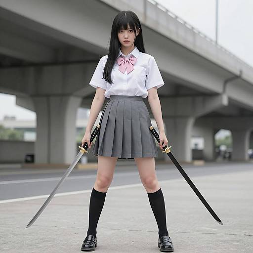 Asian Girl Holding Two Katanas Outdoors