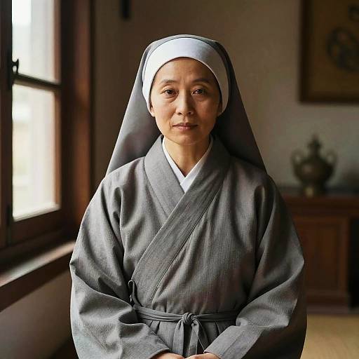 Photograph of a middle-aged Asian nun with a calm expression, wearing a gray habit and white veil, standing in a dimly lit, wooden-f