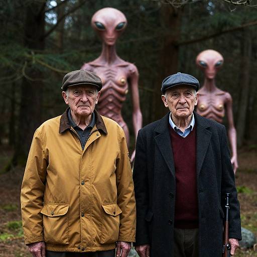 Elderly Men in Forest with Statues