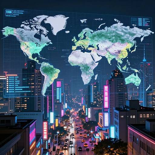 Neon-lit futuristic cityscape with glowing world map overhead, colorful digital billboards, and busy street below, illuminated by vibrant lights. Digital CGI