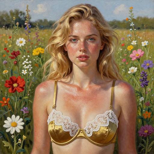 Blonde Woman in Brassiere Among Wildflowers