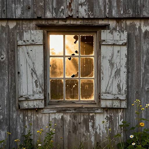 Sunlit Shuttered Barn Window with Wildflowers