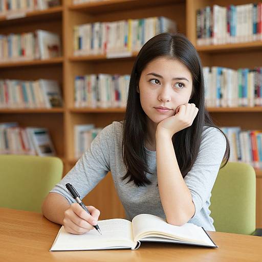 Photograph of a young Asian woman with long black hair, wearing a light gray shirt, sitting in a library, writing in an open notebook while resting