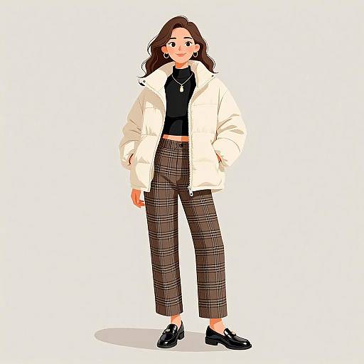 Digital illustration of a young woman with wavy brown hair, wearing a white coat, black turtleneck, plaid pants, and black shoes,