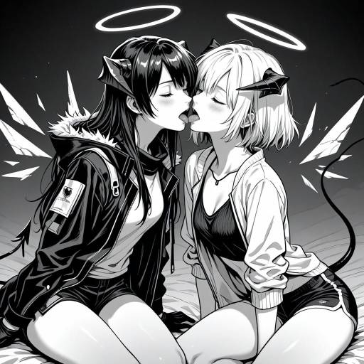 Monochrome Demon Girls with Halo and Wings