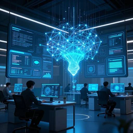 Photograph of a futuristic tech office with blue neon light network hanging, multiple employees working on laptops, and digital screens displaying data and graphs in a dim