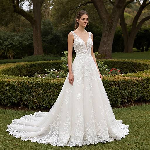Photograph of a slender, fair-skinned woman with dark hair in an elegant, white lace wedding dress with a deep V-neck, standing in a
