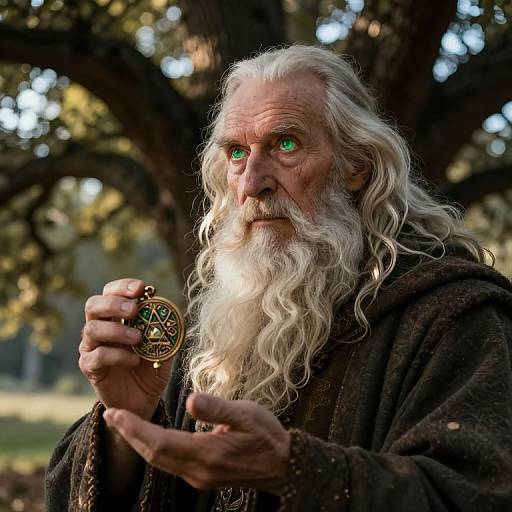 Photograph of an elderly wizard with long white beard and green eyes, holding a golden medallion with intricate design, wearing a dark, textured robe
