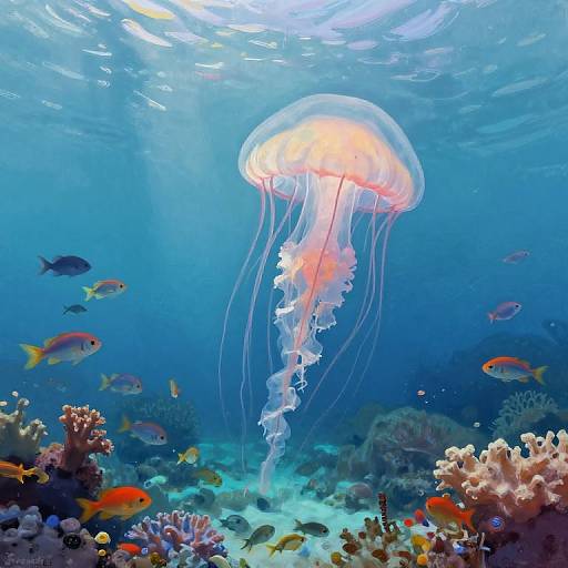 Vibrant underwater photograph of a glowing jellyfish with flowing tentacles, surrounded by colorful fish and coral reefs, illuminated by sunlight filtering through the blue