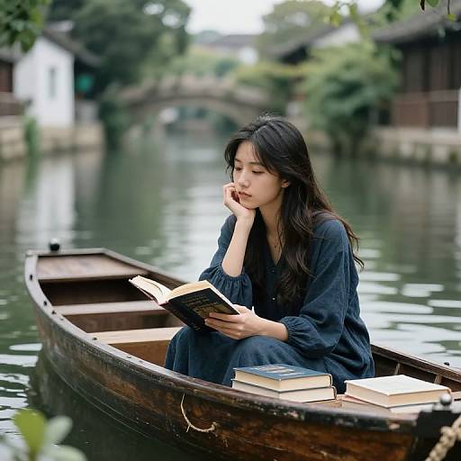 Asian woman with long black hair, wearing a dark blue dress, reads in a wooden boat on a serene, tree-lined canal. Blurred traditional buildings