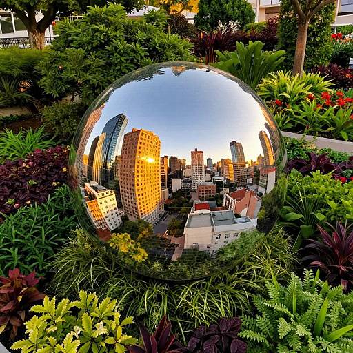 Photograph of a reflective silver sphere in a lush garden, showing a cityscape with tall buildings and colorful foliage in its mirrored surface.