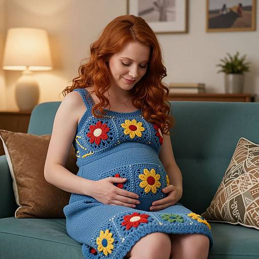 Photograph of a pregnant red-haired woman in a blue, crocheted sundress with colorful flower patterns, sitting on a teal couch, gently cr
