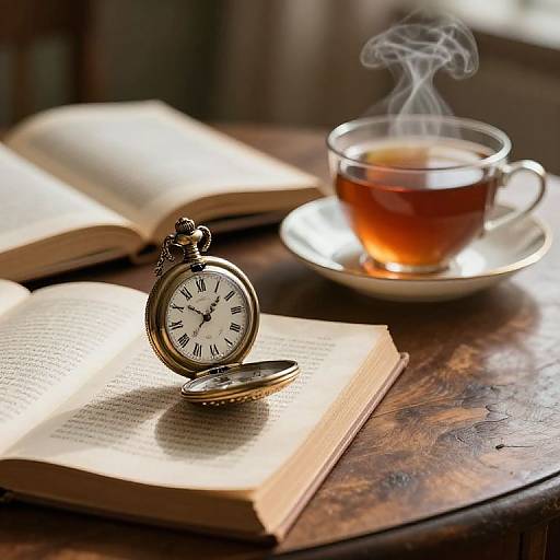 Photograph of an open book, antique pocket watch, and steaming teacup on a wooden table, bathed in soft sunlight.