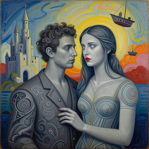 Digital surreal painting: Pale, patterned man with curly hair gazes at pale, patterned woman with red lips, wearing a dress, against a
