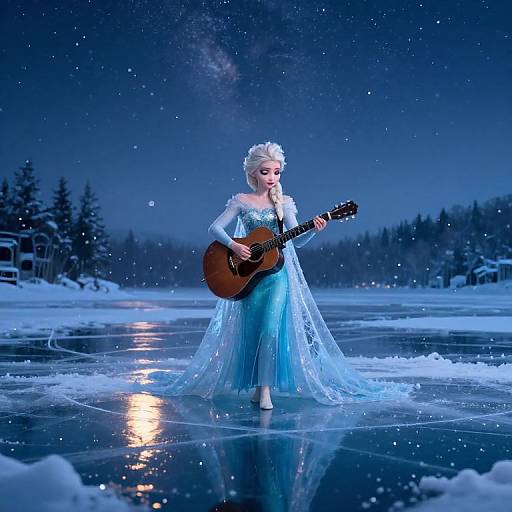 Photorealistic digital art of Elsa from Frozen, wearing a blue ice queen gown, playing a guitar on a frozen lake at night, with a star