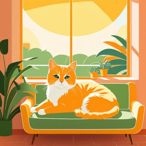 Orange and White Cat Lounging on Retro Sofa