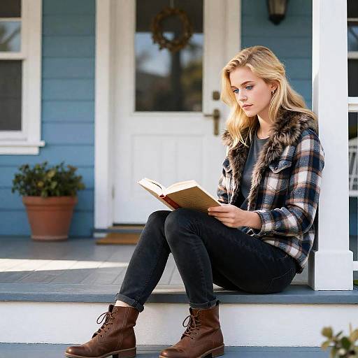 Blonde Girl Reading on Porch Steps