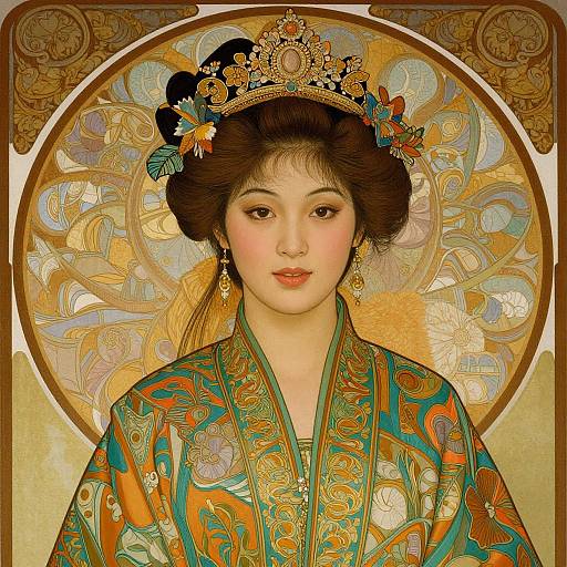 Digital art of an Asian woman with fair skin, dark hair in an updo, floral crown, ornate green and orange kimono, gold earrings