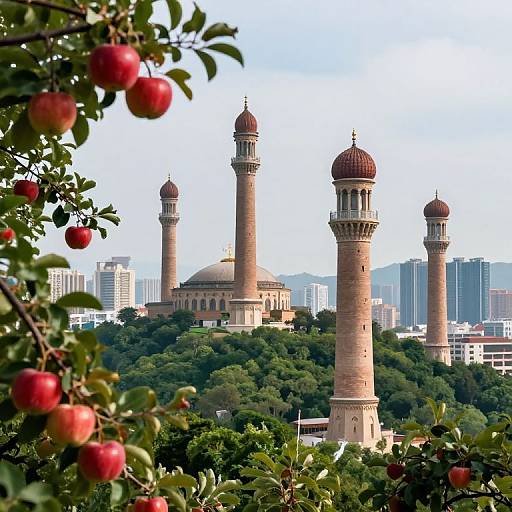 Photograph of a cityscape with a mosque featuring four tall, red-domed minarets, surrounded by lush green trees, and red apples in
