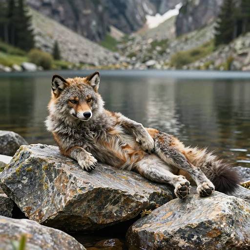 Photograph of a red and grey fox lounging on moss-covered rocks by a calm mountain lake, with forest and rocky mountains in the background.