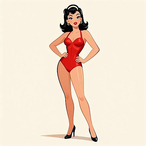 Digital illustration of a confident, curvy woman with black hair, red lipstick, wearing a red lace bodysuit and black high heels, standing with