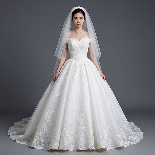 Photograph of an Asian woman in an off-shoulder, white lace wedding gown with a full skirt and veil, standing against a dark gray background