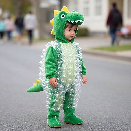 Photograph of a young child in a green dinosaur costume with yellow spikes and a sequined front, standing on a suburban street.
