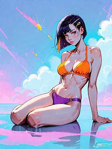 Anime Girl in Neon Bikini by Water