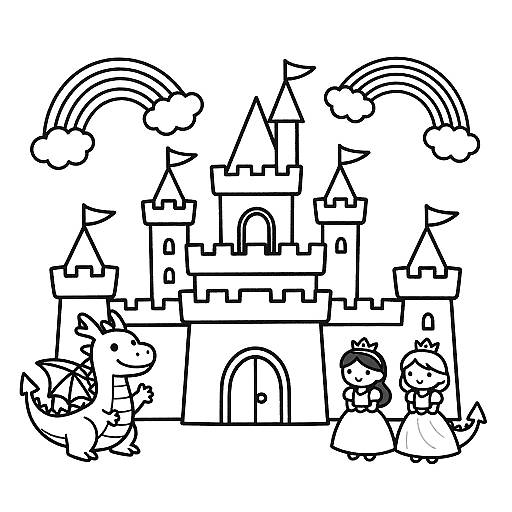 Black-and-white line drawing of a fairy-tale castle with a dragon, two princesses, and rainbows on either side.