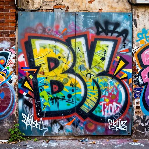Vibrant graffiti on a weathered brick wall featuring bold, colorful letters 