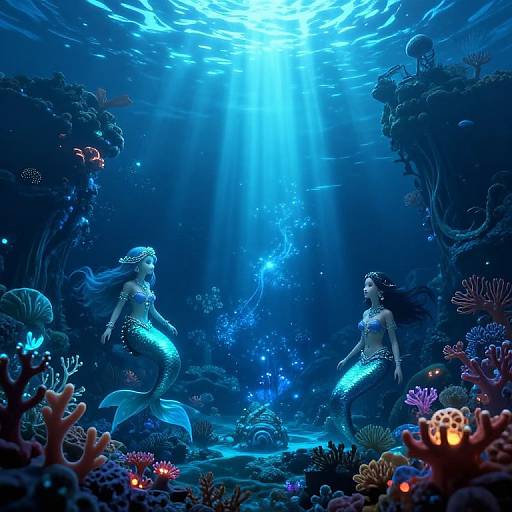 Digital artwork of two glowing blue mermaids with fish tails, surrounded by vibrant corals and marine life, illuminated by sunlight beams from above in a deep