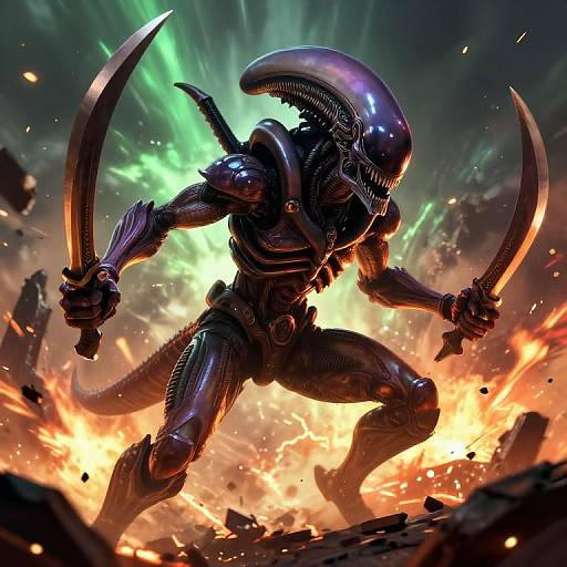 Digital artwork of a sleek, black, alien warrior with a long, curved head, wielding dual curved blades, amidst a fiery explosion.