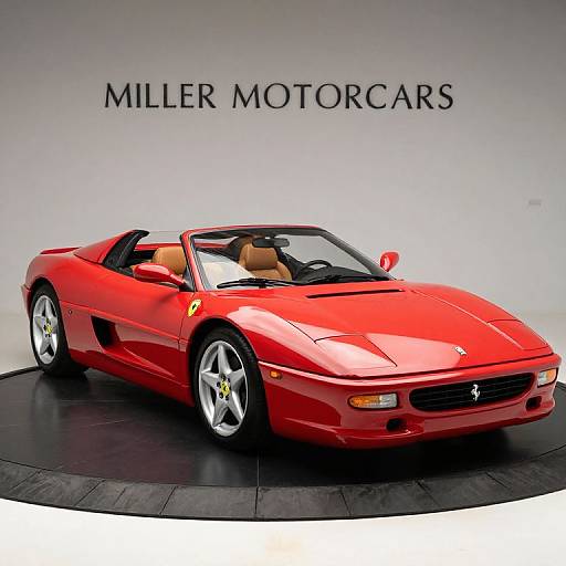 Photograph of a bright red Maserati Spyder convertible with black leather seats, silver wheels, and the text 
