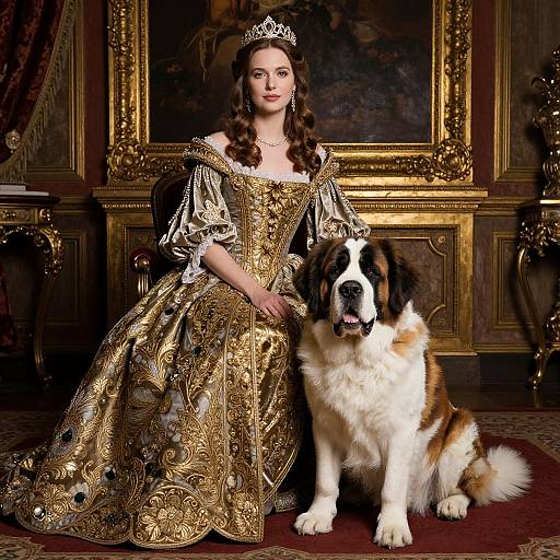 Photograph of a fair-skinned, brown-haired woman in an ornate gold Renaissance-style dress, sitting beside a large St. Bernard dog, in