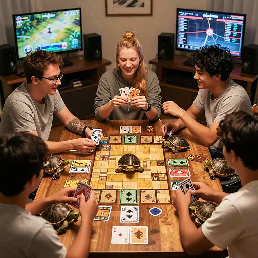 Group Playing Card Game with Turtle Figurines