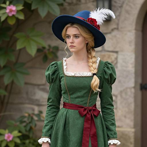 Young Woman in Medieval Green Dress with Blue Hat